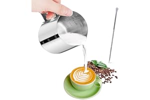 UWOBEFO VFANDV 350ml Pot à Lait, 304 Inox pour Mousser le Lait, Pichet avec Lignes de Mesure et Latte Art Pen, Milk Frother, Pichets-Mousseurs à Lait, Convient pour le Faire Mousse le Lait, des Capuccinos