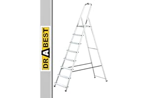 Drabest Escabeau 8 Marches en Aluminium - Capacité 125 KG - Barre de Sécurité en Haut de l’Escabeau Et Plateforme De Travail - Construction Robuste - Pieds antidérapants - Échelle multifonctionnelle