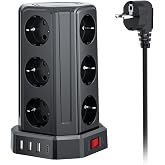12 AC Tower Power Strips with 5M Extension Multiple Plug and 4 USB | Power Strip Sockets Surge Protection 3680W/16A, Thief So