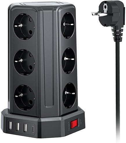 OBVHNUA 18-in-1 Power Strip 12 Sockets, 5 USB Ports, 15 W, Wireless Charging, Surge Protection, 2500 W/15 A, Vertical Socket with Overload Protection for Office, Home