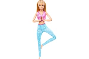 Barbie - Bambola Made to Move, snodata e con articolazioni mobili, capelli biondi con top sportivo rosa e pantaloni blu da yoga, giocattolo per bambini, 3+ anni, HRH27