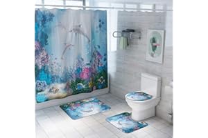 Enhome Juego de 4 Piezas de Alfombra de baño Antideslizante + Tapa de Inodoro + Alfombrilla de baño + Cortina de Ducha, Animal Marino (Delfín)