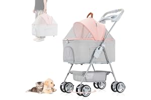 Nastarki Passeggini Cane 2in1 Passeggino per Cani 15 Kg Pieghevole Carrello per Animali 4 Ruote Box per Trasporto Cani con Cesto Portaoggetti (Rosa)