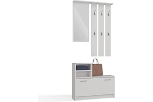 CDF Garderobe | Farbe: Weiß | Großer Spiegel | Kleiderbügel | Geräumiger Schuhschrank | Ideal für Diele, Flur | Praktische Ablagen | Modernes Design