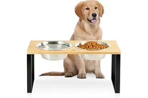 GUUSII HOME Miska dla psa Podwyższona miska na karmę Psy Średnio podniesiona miska dla psa Zestaw misek ze stali nierdzewnej 900ml Stojak na stację karmienia Drewno 42,5 * 20 * 20,5cm