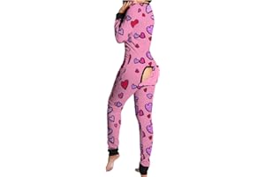 ‎BRISKORRY Jumpsuit Schlafanzug Damen Sexy Butt Button Back Flap Pyjama Onesie Einteiler Homewear -Overall mit Po-Klappe Herbst Winter Hausanzug mit Langen äRmeln Und Langen Nachtwäsche mit Geknöpfter Klappe