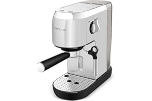 RIVIERA & BAR riviera&bar Machine à Expresso Compacte - 1400W, 19 Bars, Réservoir 1,4L, Plateau Chauffe-Tasses, Filtre 1 et 2 Tasses, Arrêt Automatique - Compact et Polyvalent - Inox Satiné