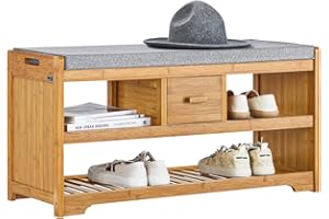 SoBuy® FSR75-N, Bamboo 2 Tiers Shoe Rack Shoe Bench with Seat Cushion, Hallway Shoe Storage Bench Organizer with Drawer