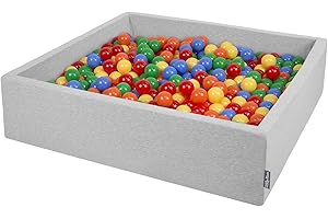 KiddyMoon Piscina De Bolas 120X30cm/600 Bolas El Cuadrado Grande para Ninos,Hecha En La UE, Gris Claro:Amarillo/Verde/Azul/Rojo/Naranja