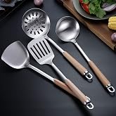 Stainless Steel Kitchen Utensils Set of 4, 304 Stainless Steel Wok Spatula, Soup Ladle, Strainer and Spatula with Heat Resist