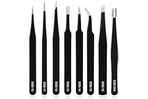 Ainiv Precision Tweezers Set, 8PCS Anti-Static ESD Tweezers, Non-Magnetic Stainless Steel Curved Tweezer Set for Modeling, Electronic Repair, Handicraft, Laboratory, Jewelry Manufacturing, Hobby