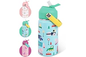 AMFUN Trinkflasche Kinder Edelstahl, 350ML Trinkflasche- Kinder, Edelstahl Kinderflasche Auslaufsicher, Wasserflasche mit Strohhalm, Trinkflasch Kleinkind Thermosflasche für Schule - BPA Frei