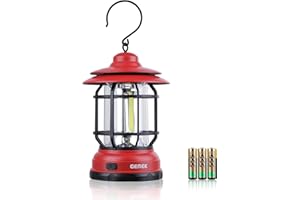 GEMEK Portable Retro Camping Lantern, Hanging Dimmable COB Brightness Tent Light for Camping, Party, Night Fishing, Hiking, Home Lighting, Outages Emergency (AA Battery Powered, Red)