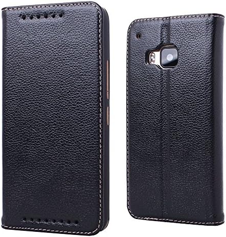 HTC One M9 Phone Premium Luxury Genuine Real Leather Wallet Flip Case Cover Holder Black+Screen Protector (HTC 1 One [M9], Black)
