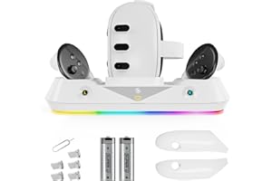 SPEEDY BEE Base de carga compatible con Meta Quest 3, soporte de carga rápida para el mando de RV y el casco, con 2 baterías recargables y luz LED RGB, soporte cargador de RV con cable tipo C
