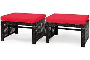 ‎COSTWAY COSTWAY 2er Set Rattan Ottomanen, 49x40x33cm, Rattentisch mit weichem Kissen, Outdoor Rattan Hocker, Fußhocker mit hochdichter Schaumstoff, Gartenhocker Gartentisch für Terrasse Garten Pool (Rot)
