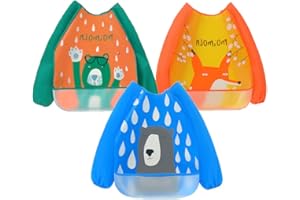 ATOPO 3 pacchi bavaglino a manica lunga Impermeabile Bavaglino per bebè con il cibo catcher tasca Lavabile Grembiule per neonati per 6-36 mesi Bambini che mangiano Pittura e giocando