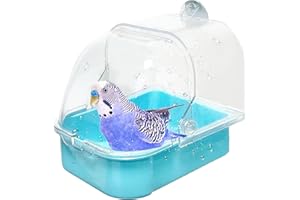 OTKARXUS Bird Bath for Cage- Multi-functional Bird Bath Tub Hanging Parrot Bathtub Shower Box Food Feeder Cage Accessory for Small Birds Canary Budgies Parrots Cockatiel Lovebird Hamster (New Blue)