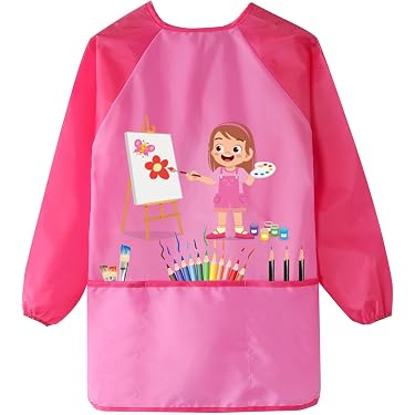4 Pezzi Grembiule da Pittura Bambini, Mantellina Pittura Scuola Asilo, Impermeabile Grembiulino Art Smock con Maniche Lunghe e 3 Tasche per 3-7 Anni Bambini Dipingere Giocare Mangiare (Piccolo