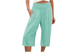 KUIH 3/4 Shorts for Women UK Summer Comfy Cotton Linen Shorts Wide Leg High Waist Straight Shorts with Pockets Hiking Outgoing Shorts Trousers Breathe Beach Shorts UK Size 8-18