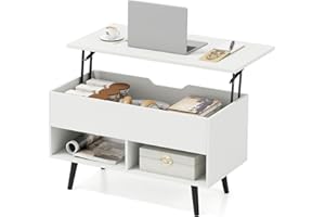COSTWAY Mesa de Centro Elevable de Madera, Mesa de Cóctel Moderna con Compartimento Oculto & 2 Estantes Abiertos, para Salón, Sala de Recepción, Oficina (Blanco)