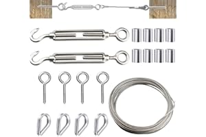 DECARETA Garden Wire Rope,Picture Wire/Wire Fence Roll Kit,15 Meter Garden Wire,2 Turnbuckle Wire Tensioner,4 Wire Rope Thimble,4 Eye Hook and 8 Swage Clip,Cable Railing Kit for Tent,Wisteria,lights
