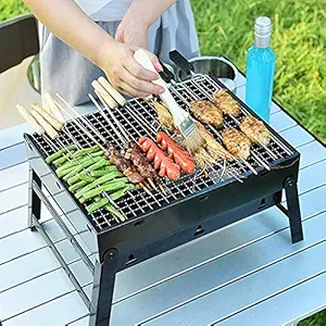 Swadhin Briefcase Style Folding & Portable Outdoor Barbeque Grill Toaster Charcoal Base BBQ Grill Oven for Home Indoor and Outdoor Cooking Backyard Camping Garden Terrace Travel - Carbon Steel, Black