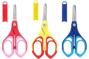 LIVINGO 5 Inch Safety Blunt School Kids Scissors Pink Yellow Blue 3 Pack | Stainless Toddler Preschool Children Blunt Tip Student Scissors with Cover for Classroom Craft Art