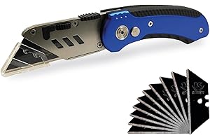 KELI FRANCE KELI - Cutter utilitaire professionnel, couteau pliant + 10 Lames Black Blade SK2 (Durée de vie 3 fois supérieure), Alu + Gomme, En Aluminium Coulé sous Pression