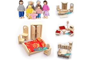 DecoBay Wooden Dolls House Furniture 6 Sets Bedroom, Kitchen, Bathroom and Living Room with Family Dolls (4 Sets of Rooms and 7 Family Dolls)
