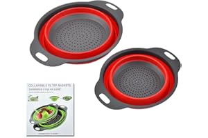 lomonmen 2 Pcs Colador Cocina Silicona Colador Plegable Set,Cesta Escurridora Plegable de Silicona,Coladores de Silicona y Coladores de Alimentos para Escurrir Pasta, Frutas, Verduras (Rojo)
