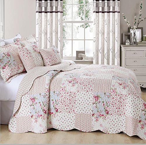 Beautiful Floral Vintage Patchwork Quilted Bedspread/Throw with 1 Pillow Shams (Meadow) (Single)