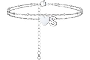 PROSTEEL Women Heart Anklet, A-Z Letter Initial Ankle Bracelet, Adjustable Double-Layer Foot Chain for Beach Summer, Silver/Gold Plated 316L Stainless Steel (with Gift Box)