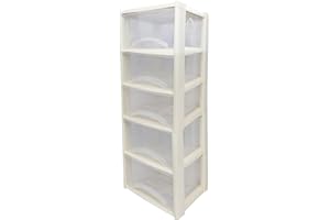 NEATPLASTICS Neat. 5 Plastic Storage Drawers, Space-Saving Draws for Office & Home, Drawers Storage Unit - Durable Storage Draws - Storage Drawers Unit - H100cm x L39cm x W39cm -Cream