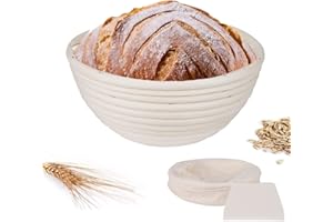 MITENING Banneton à Pain, 18cm Panier Brotform Rond L'Imperméabilité en Rotin Naturel Levage du Pain et de la Pâte, Panier Banneton Brotform en Rotin Naturel pour Pain et Levain avec Tissu en Lin, Racloir Pâte