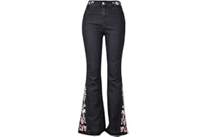 SEMEN Women Flared Fit Jeans Washed Long Denim Pants with Floral Embroidery Bell Bottom