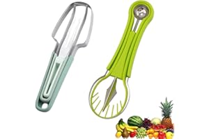 BKEMKRI Juego de Cortador de Sandía, Cortador de Frutas 3 en 1 de Acero Inoxidable y Rebanadora de Sandía de 4 en 1, Multifuncional Cortador de Melón Juego de Herramientas para Tallar Frutas