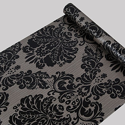 Papel pintado autoadhesivo con diseño de damasco en color negro. Apto para casi todo tipo de superficies (45 cm x 10m)