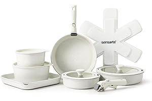 SENSARTE Batterie de Cuisine 17Pcs, Lot de Casseroles et Poêles Induction avec Couvercle, Poignées Amovibles, Revêtement Antiadhésif, Empilable, Compatible Lave-vaisselle,Sans PFOA(Blanc)