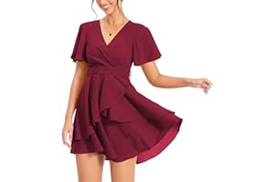PCEAIIH Women's Casual Dresses Short/Long Sleeve Empire Skater Dress Deep V-Neck Waist Tie Ruffle Mini Swing Dresses