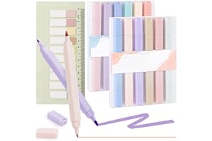 Eucomir Ästhetische Textmarker, 12 PC doppelseitige Textmarker, Doppelkopf 2-in-1 Macaron-Pastell-Textmarker-Set mit Lineal und farbigen Seitenmarkierungen, Etiketten zum Lesen von Notizen, Quadrat