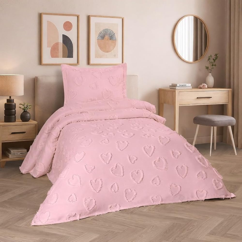 D'NISS HOME Kalp 2 Parça Tek Kişilik Yatak Örtüsü Pembe