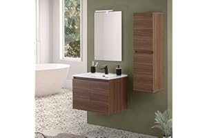 Inbagno Mobile bagno sospeso 70 cm noce canaletto con 2 ante soft-close, lavabo in ceramica e specchio reversibile 60x80 cm, KLEO