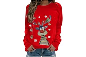 Weihnachtspullover Damen Merry Christmas Sweatshirt Lustig Rudolph Rentier Druck Baumwolle Weihnachten Weihnachts Xmas Pullover Weihnachtspulli Teenager Mädchen Rundhals Langarm Sweat Oberteile