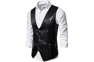 RTGSE Mens Sequins Dress Suit Vest Waistcoat Slim Fit Single-Breasted V Neck Sparkly 2Pcs Bowtie Waistcoat Vest for Stage