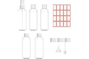 GOTFUN 5 Stück Klare Reiseflaschen Abfüllflaschen mit Deckel Etiketten Trichter, nachfüllbar kleine leere Kunststoff Pumpe und Spray Flaschen für Kosmetik Reisen Toilettenartikel (100ml)