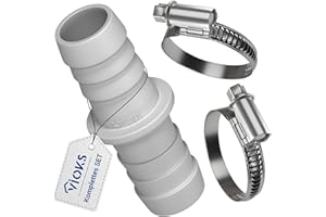 VIOKS Złącze węża węża do pralki adapter 17/17 mm Ø z 2 x obejmami do węża ze stali nierdzewnej 18-28 mm – przyłącze odpływu pralki adapter z zestawem obejm do węża