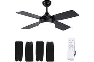 Parrot Uncle Ventilateurs de plafond avec lumières et télécommande Ventilateur de plafond noir avec lampes LED pour chambre à coucher, moteur réversible à 3 vitesses, 76 cm