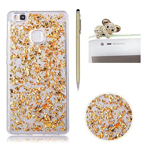 Für Huawei P10 Lite Hülle Glitzer ,SKYXD Blattgold Funken Flocken Pailletten Design Schutzhülle Weiche TPU Transparent Silikon Handyhülle mit [ Koala Staubstecker + Eingabestift ] Glanz Kristall Handytasche Schick Klar Zurück Haut Schlank Etui Schale Fall - Gold
