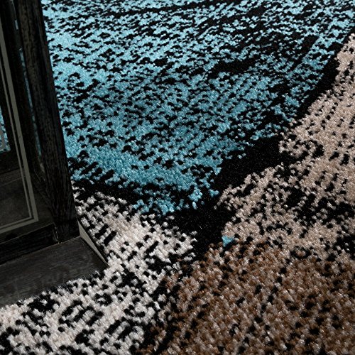 Designer Teppich Wohnzimmer Ausgefallene Farbkombination Karo Türkis Braun Creme, Grösse:80×150 cm - 3